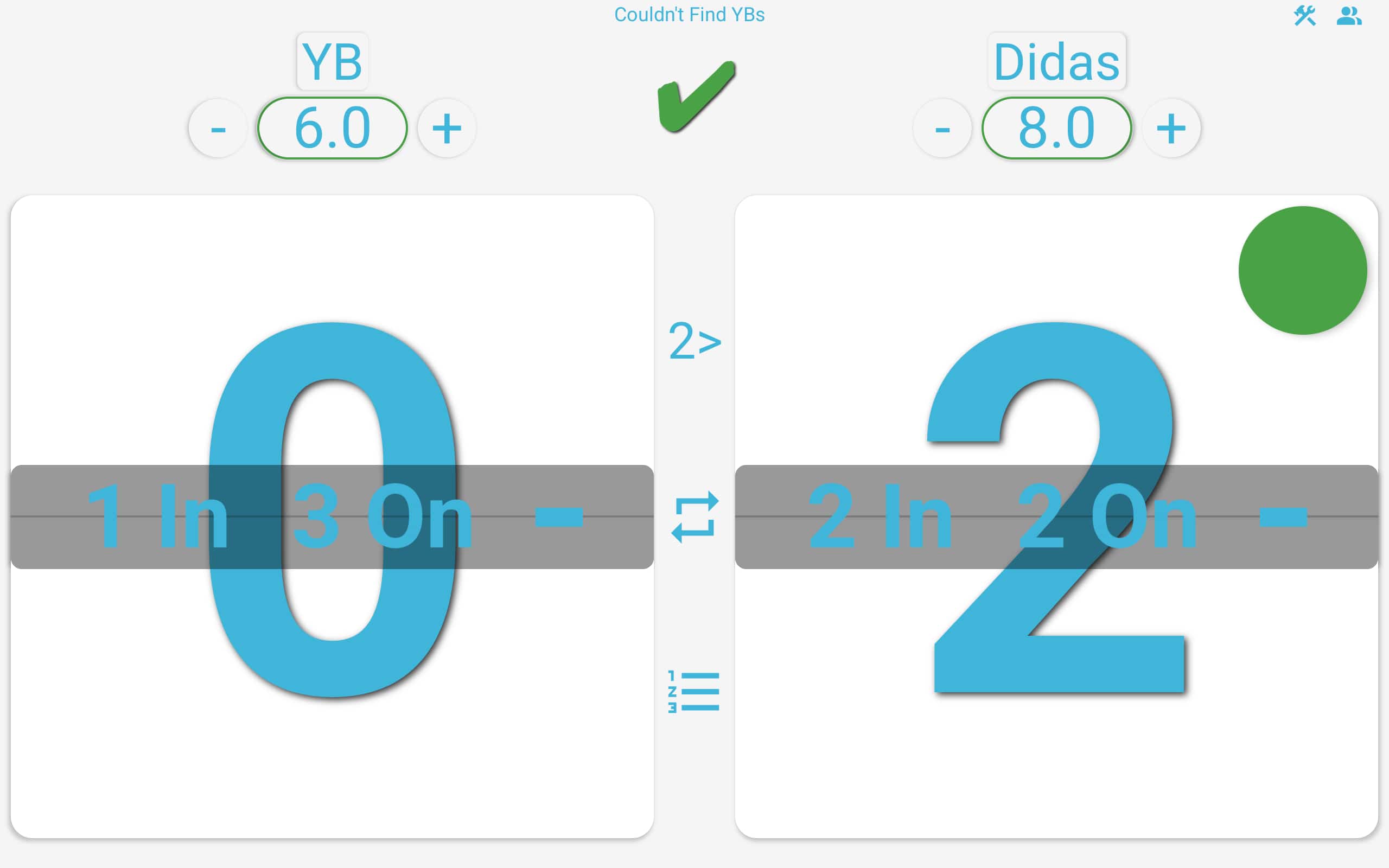 Game score tracking interface allowing adjustment of scores for two competing teams. The screen also displays dynamic game state information and visual cues for current player or turn, with options to access settings and player profiles.