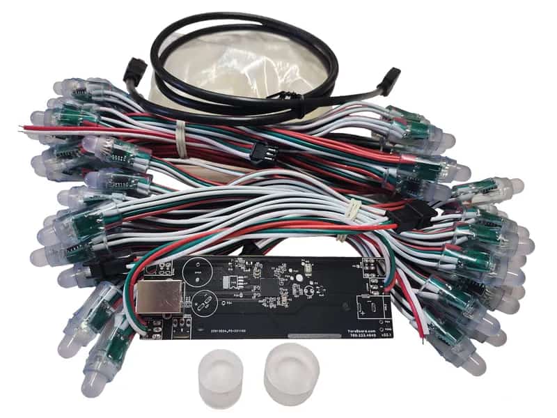 Components of a YoreBoard DIY kit for cornhole boards, featuring addressable Scoring LEDs, control board, and necessary wiring for custom installation.